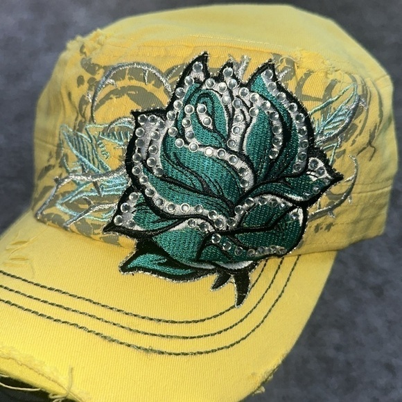 Leader Loga Y2K Rhinestone Bling Fleur De Lis Distressed Cap Hat Grunge Yellow - Picture 3 of 5